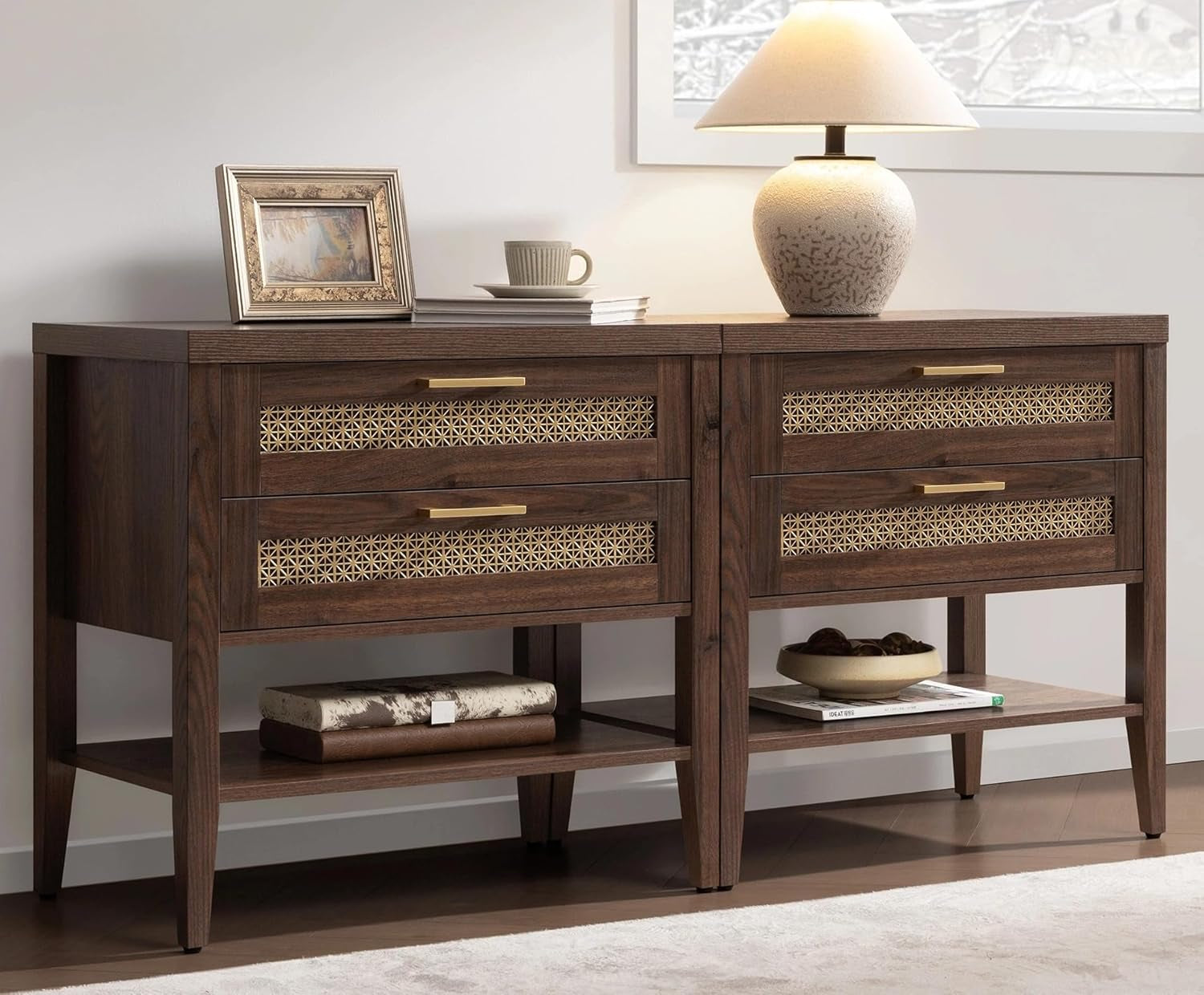 Night Stand Set 2 - Large Nightstands Sets of 2 with Drawers and Shelf, Rustic Bedside Table for Bedroom, Mid Century Modern Nightstand, 25.7" Tall Side End Table (Espresso Walnut, 2 Pieces)