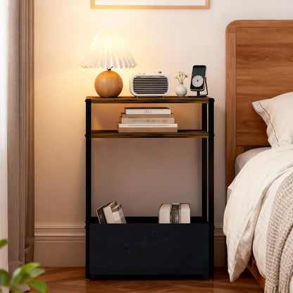 Narrow Side Table 15.7" - Slim Bedside Table with Storage Shelf & Basket, Space-Saving End Table for Studio/Dorm/Apartment, Modern Design Easy Assembly