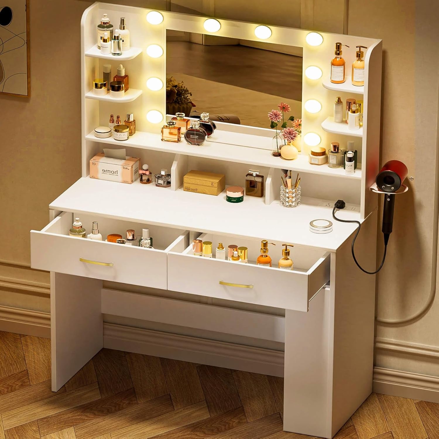 Vanity Desk with Lighted Mirror and Power Outlet, RGB LED Lights Makeup Vanity Set for Girls, Large Storage Capacity Dressing Table for Bedroom, 3 Lighting Modes Adjustable Brightness, White