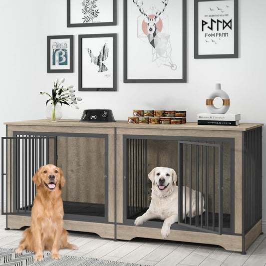 75 Inch Double Dog Crate Furniture, 3 in 1 Dog Cage for Large Dogs, Durable Grey TV Stand Dog Crate with Trays and Divider, Double Dog Kennel for 2 Dogs