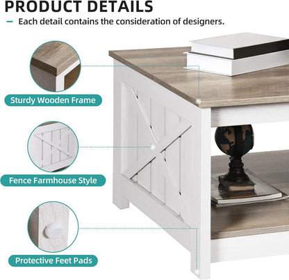 Coffee Table Farmhouse Coffee Table with Storage Rustic Wood Cocktail Table, Square Coffee Tables for Living Meeting Room with Half Open Storage Compartment, Grey Wash
