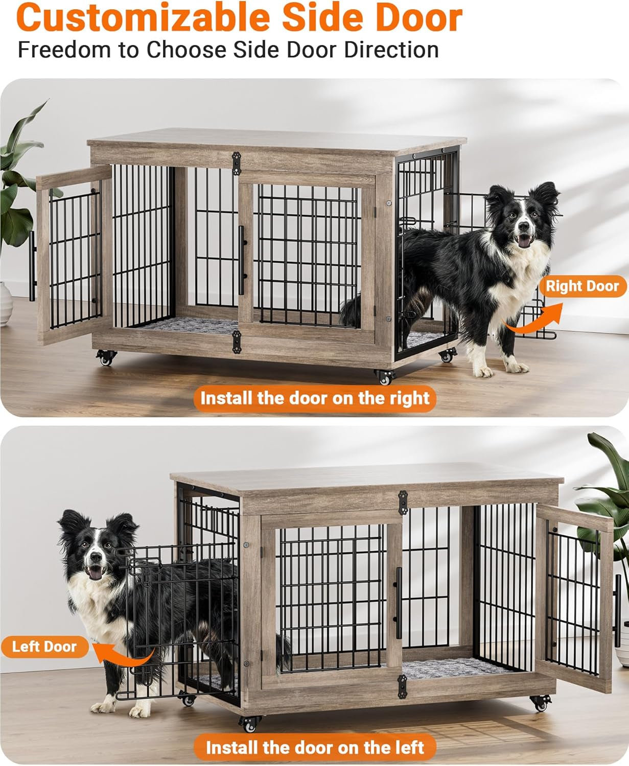 Dog Crate Furniture with Cushion, Large Wooden Dog Kennel Indoor with Double Doors, Dog Cage with Wheels, Dog House Side End Table for Large Medium Dogs up to 70 Lb, 38.5” L, Grey