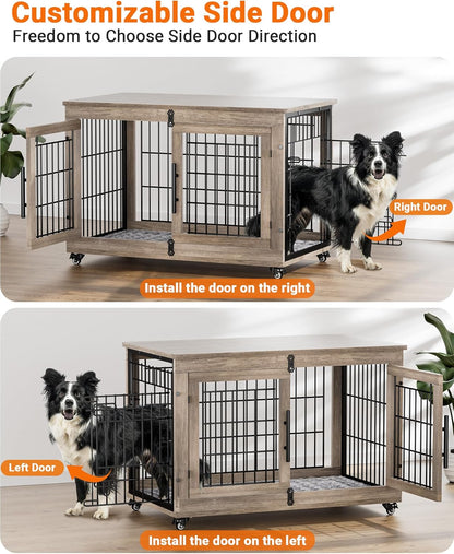 Dog Crate Furniture with Cushion, Large Wooden Dog Kennel Indoor with Double Doors, Dog Cage with Wheels, Dog House Side End Table for Large Medium Dogs up to 70 Lb, 38.5” L, Grey