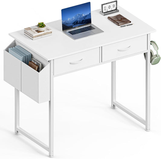 Computer Desk Small 32 Inch Home Office Bedroom Writing Study PC Table with Fabric Storage Drawers Space Side Bag Headphone Hook Metal Frame Adjustable Feet Modern Simple Style, White Wood