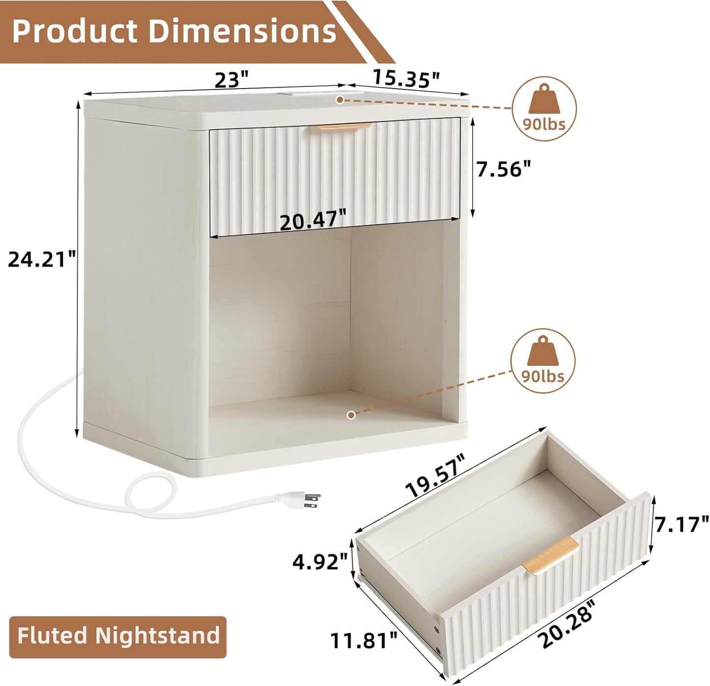 Fluted Nightstand with Charging Station, 23" Wide 1 Drawers End Table,White Night Stand with Open Storage Cabinet, Farmhouse Bed Side Tables, Wood Dresser for Bedroom, Living Room, Closet