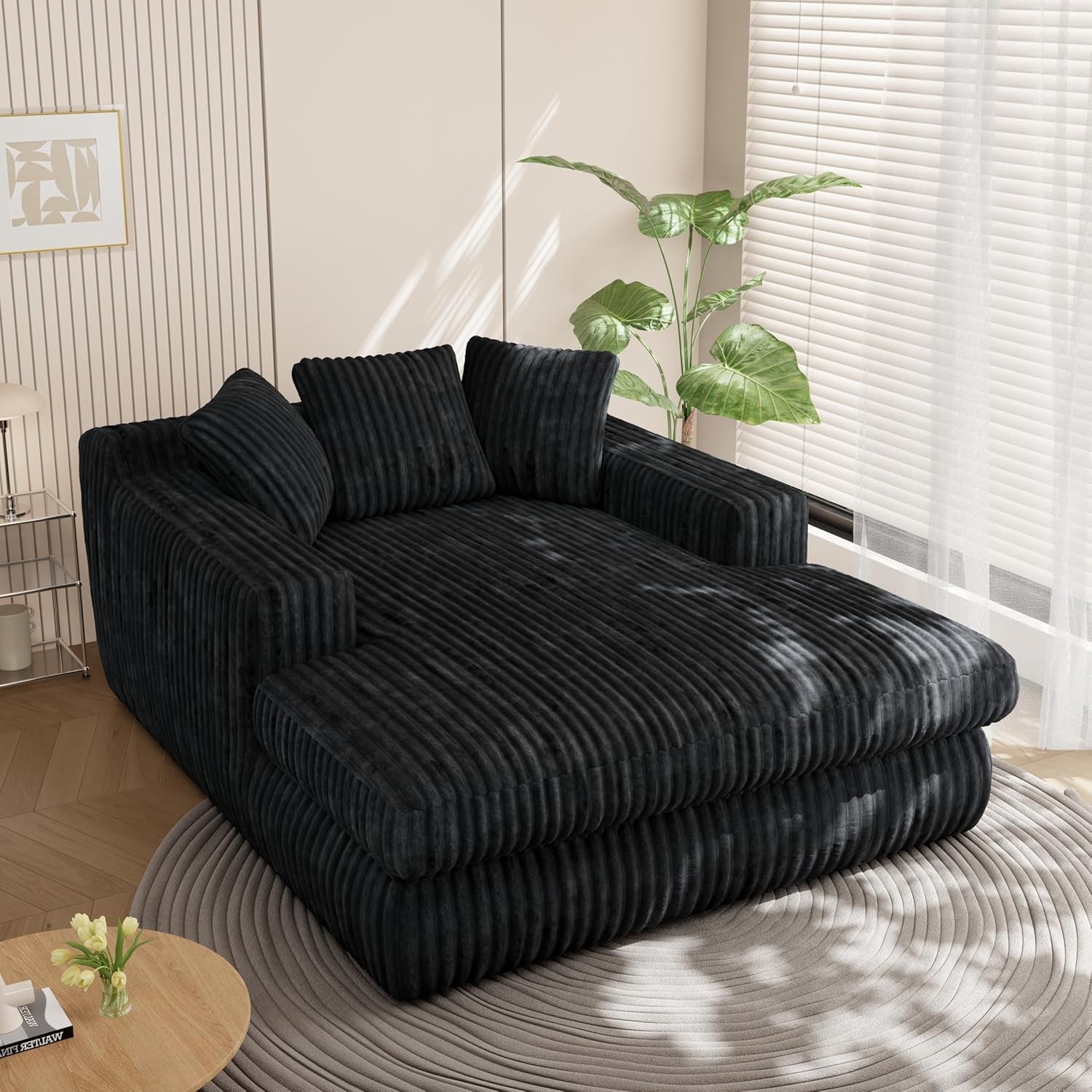 76" Oversized Chaise Lounge Chair Indoor, Cloud Boneless Sleeper Couch Corduroy Upholstered Sofa Bed Deep Seat Comfy Reading Chair with 3 Pillows for Living Room Bedroom, Black