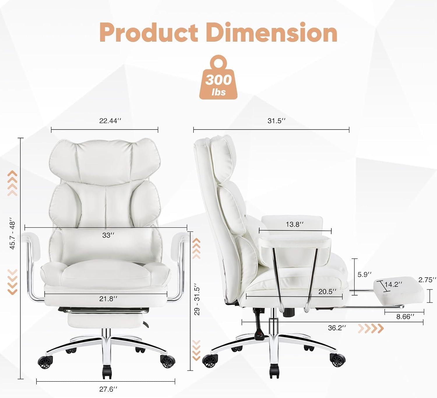 Executive Home Office Desk Chair - Ergonomic Big Tall High Back with Footrest & Lumbar Support, Reclining Height Adjustable, Comfy PU Leather Computer Gaming with Swivel Wheels, White