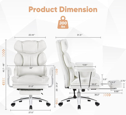 White ergonomic executive office chair with footrest and lumbar support, view 3