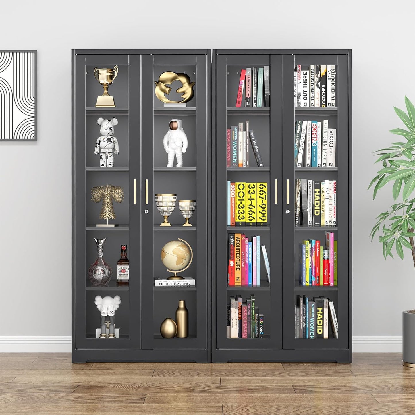 Glass Display Cabinet with Lock, Metal Curio Cabinet with Tempered Glass Doors & Adjustable Shelves, Heavy-Duty China Cabinets for Living Room, School, Commercial, Black, Assembly Required