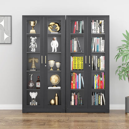 Glass Display Cabinet with Lock, Metal Curio Cabinet with Tempered Glass Doors & Adjustable Shelves, Heavy-Duty China Cabinets for Living Room, School, Commercial, Black, Assembly Required