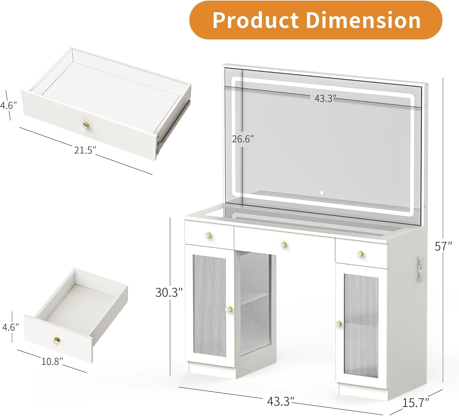 Makeup Vanity with Crystal Knobs, Glass Top Vanity Desk with Mirror and Lights, Power Outlet, Drawers and Cabinet, 3 Lighting Color Adjustable Dressing Table, Upgraded Silent Slides, White