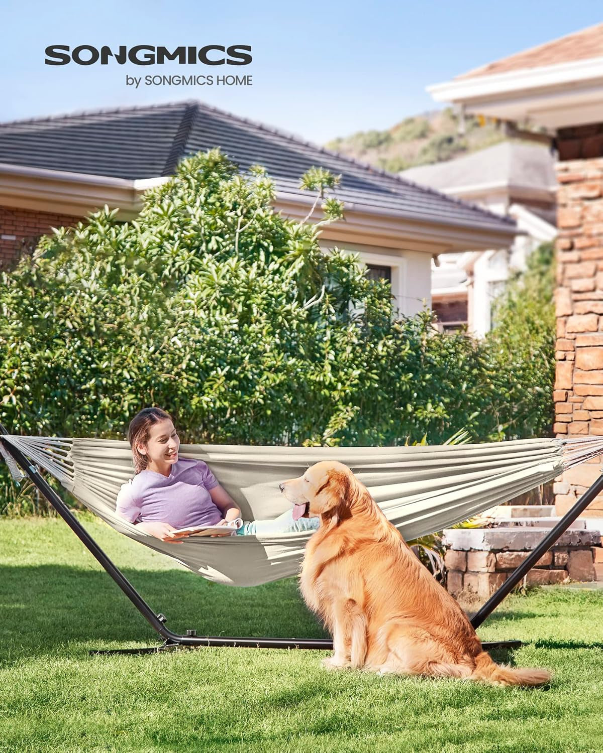 Double Hammock, 98.4 X 59.1 Inches, 660 Lb Load Capacity, with Compression Bag, Mounting Straps, Carabiners, for Terrace, Balcony, Garden, Outdoor, Camping, Beige UGDC15M