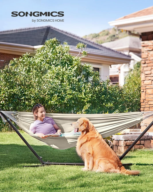 Double Hammock, 98.4 X 59.1 Inches, 660 Lb Load Capacity, with Compression Bag, Mounting Straps, Carabiners, for Terrace, Balcony, Garden, Outdoor, Camping, Beige UGDC15M