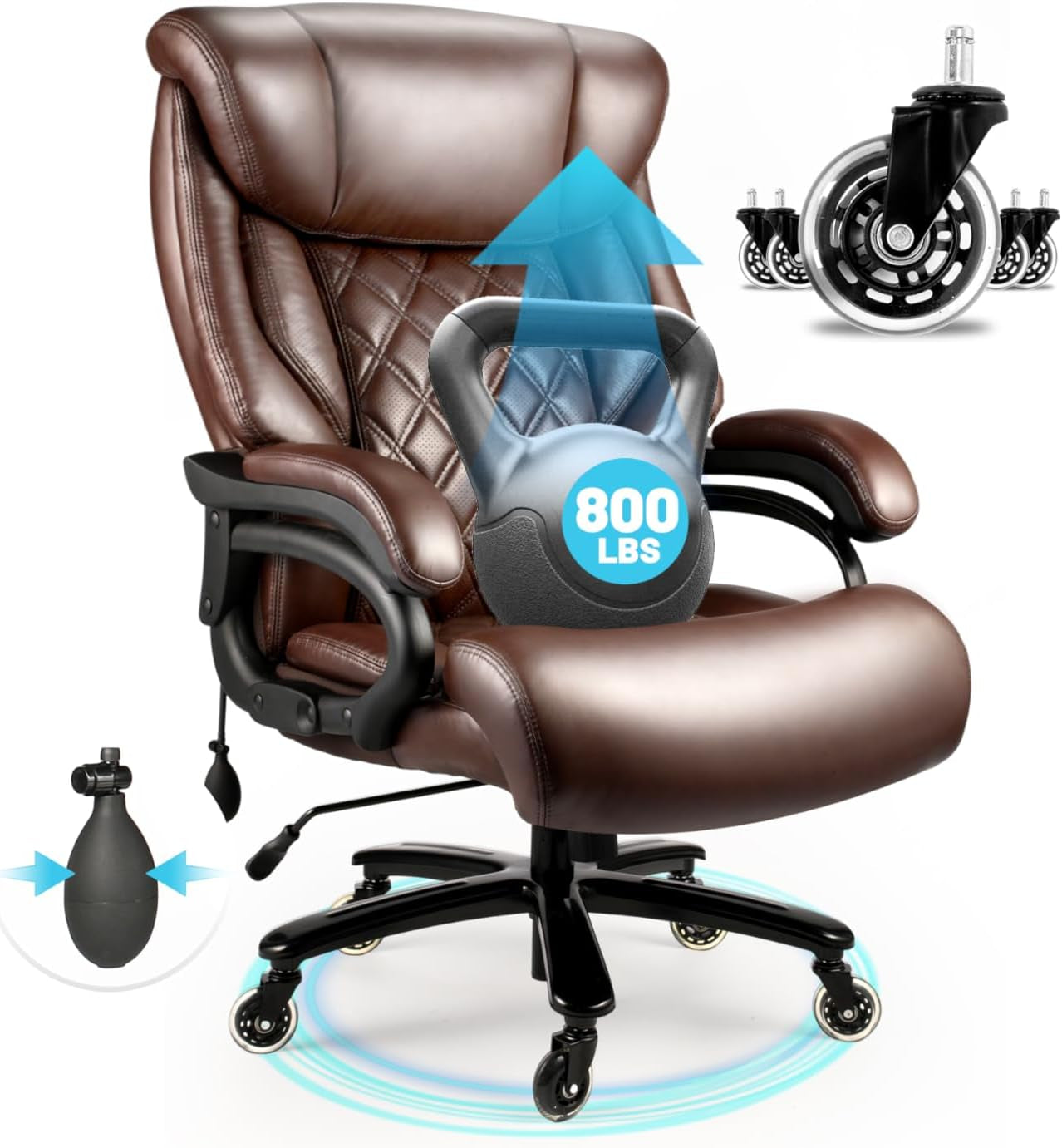800Lbs Executive Office Chairs, Big and Tall Desk Chair with Adjustable Lumbar Support, Office Chair for Heavy People, Leather Computer Chair with Quiet Rubber Wheel and Extra Wide Seat