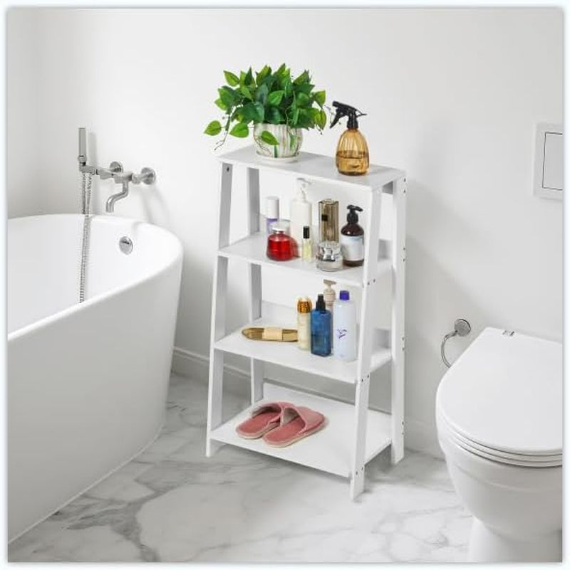 4-Tier Ladder Bookshelf, White Wood Display Storage Rack, Modern A-Frame Bookcase for Living Room Bedroom Office, 33.4H X 19.6W X 11.8D Inches