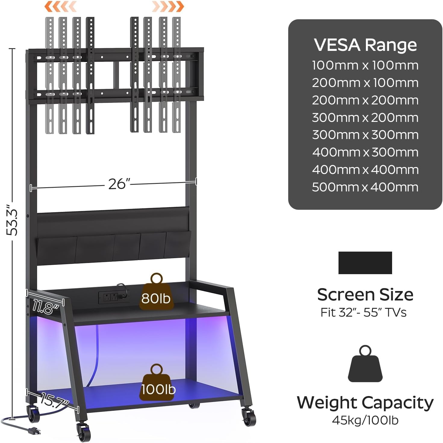Rolling TV Stand with Power Outlet, Mobile TV Stand with LED Light up to 55" Tvs, TV Cart with Mount, 5 Oxford Fabric Pouches, for Living Room, Meeting Room, Black DS01UDBB