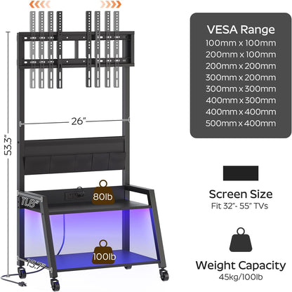 Rolling TV Stand with Power Outlet, Mobile TV Stand with LED Light up to 55" Tvs, TV Cart with Mount, 5 Oxford Fabric Pouches, for Living Room, Meeting Room, Black DS01UDBB