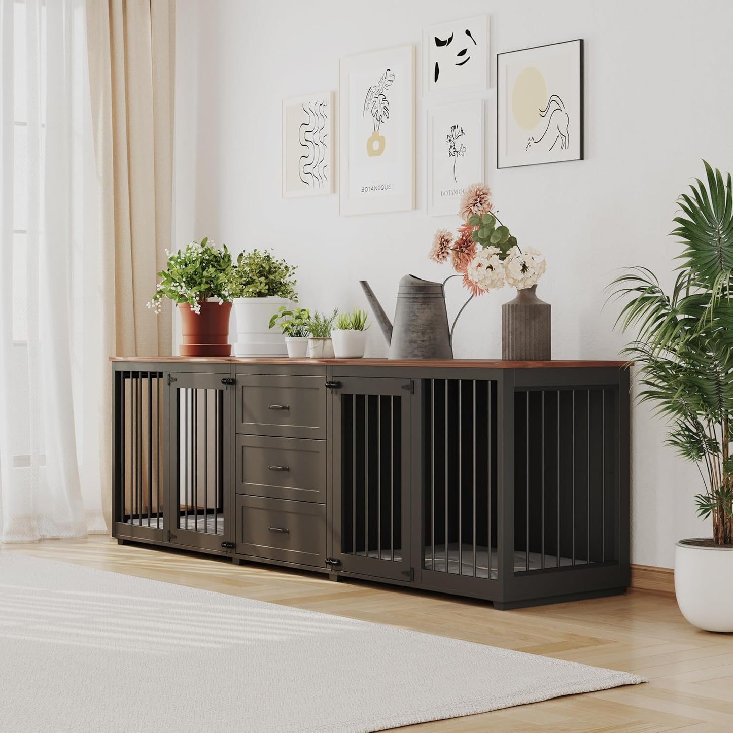 Dog Crate Furniture, Indoor Wooden Farmhouse Dog Kennel Furniture with 3 Drawers & 2 Lockable Doors, 95"X23.6"X32"H, Black