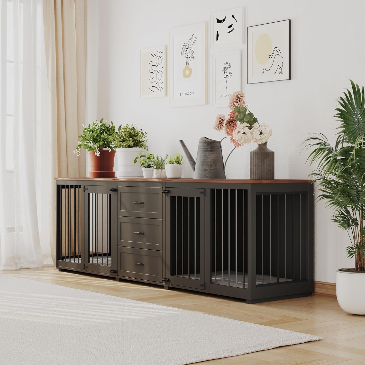 Dog Crate Furniture, Indoor Wooden Farmhouse Dog Kennel Furniture with 3 Drawers & 2 Lockable Doors, 95"X23.6"X32"H, Black