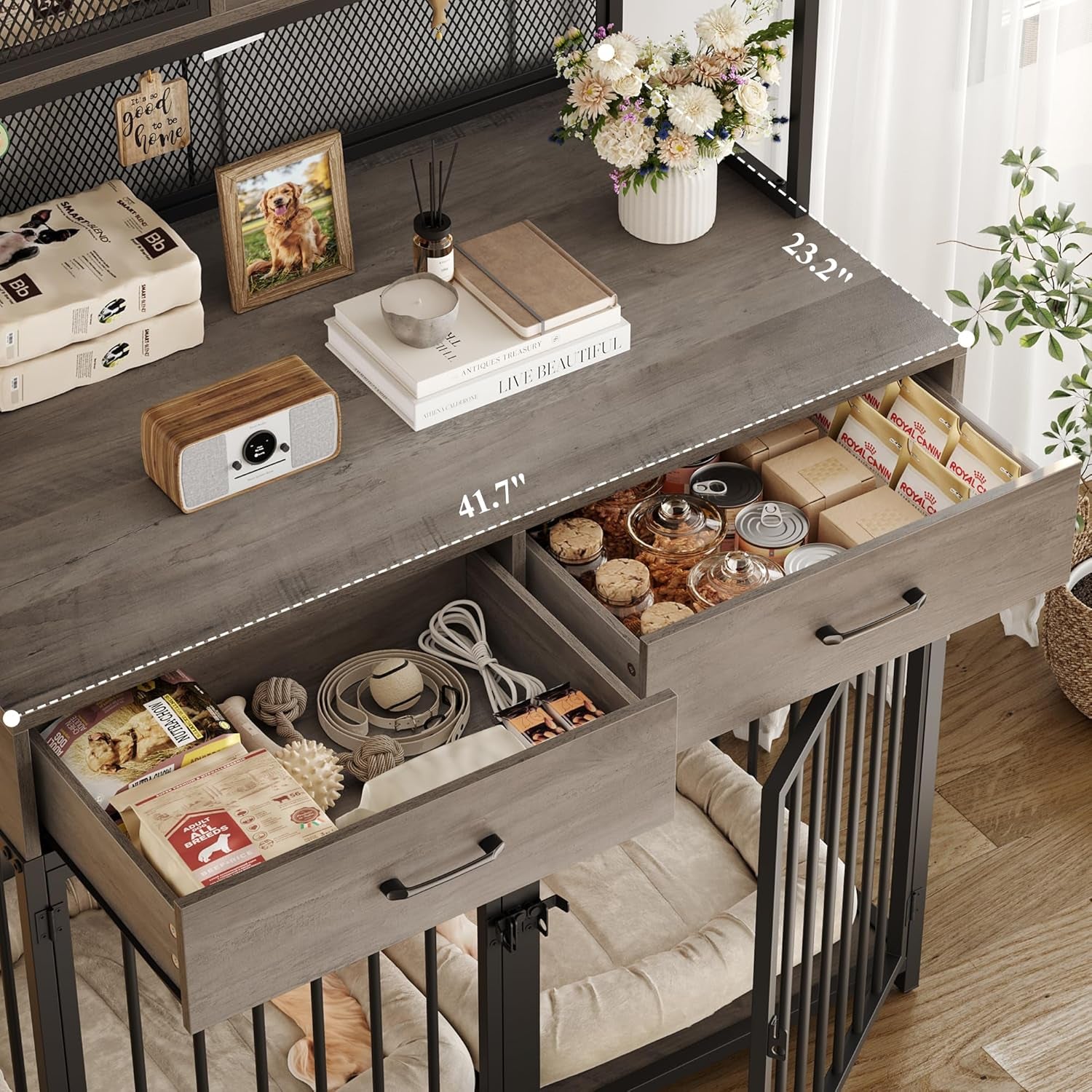 71" Tall Dog Crate Furniture, Indoor Dog Kennel with Hutch, 42" W Dog Cage for Large/Medium Dogs, Wood Dog Crates with 2 Storage Drawers, Heavy Duty Pet House, Ash Grey