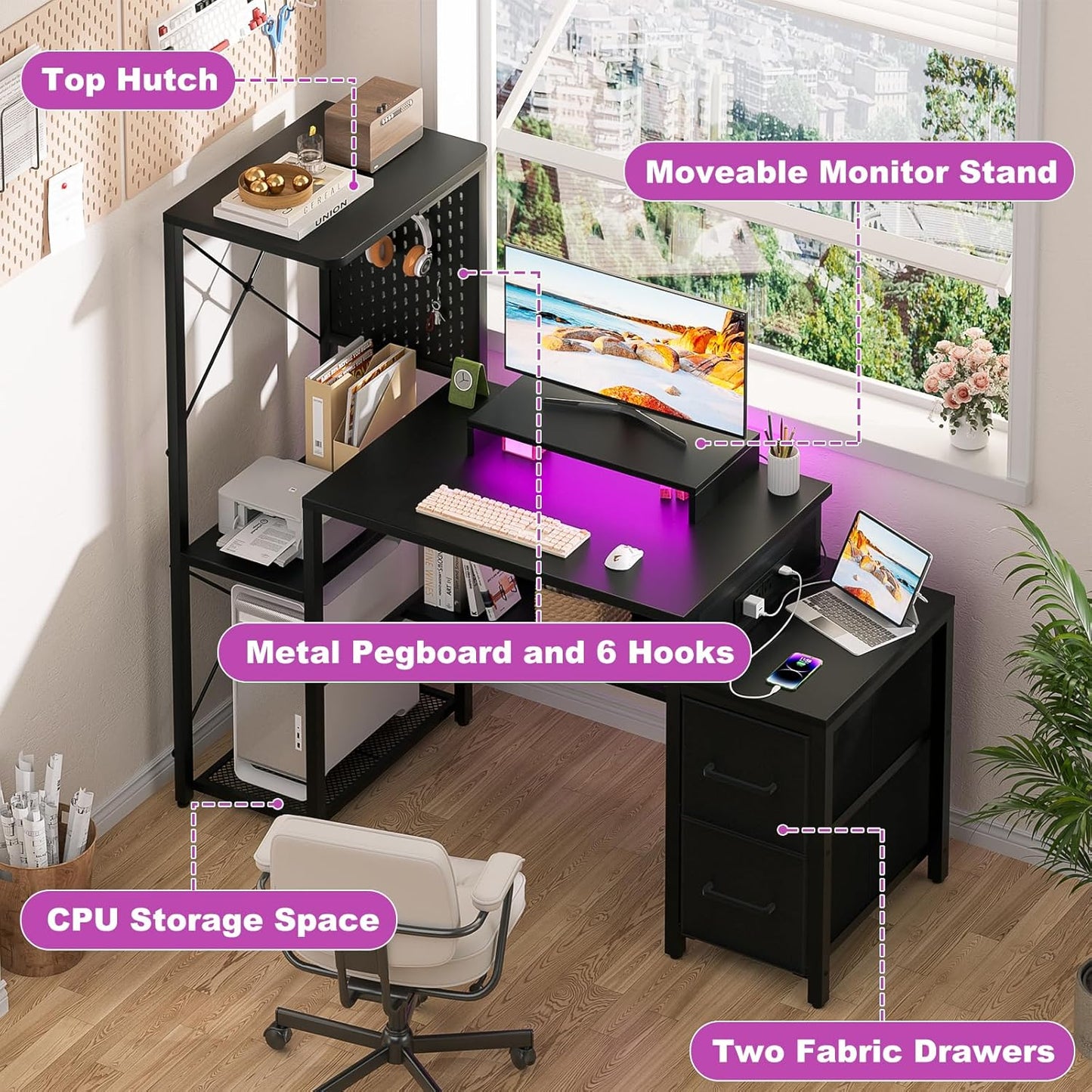 Small Gaming Desk with 2 Fabric Drawers - Reversible Computer Desk with Power Outlet & LED Lights, 49" Office Desk with Monitor Stand & Storage Shelves, Writing Study Table with Pegboard, Black