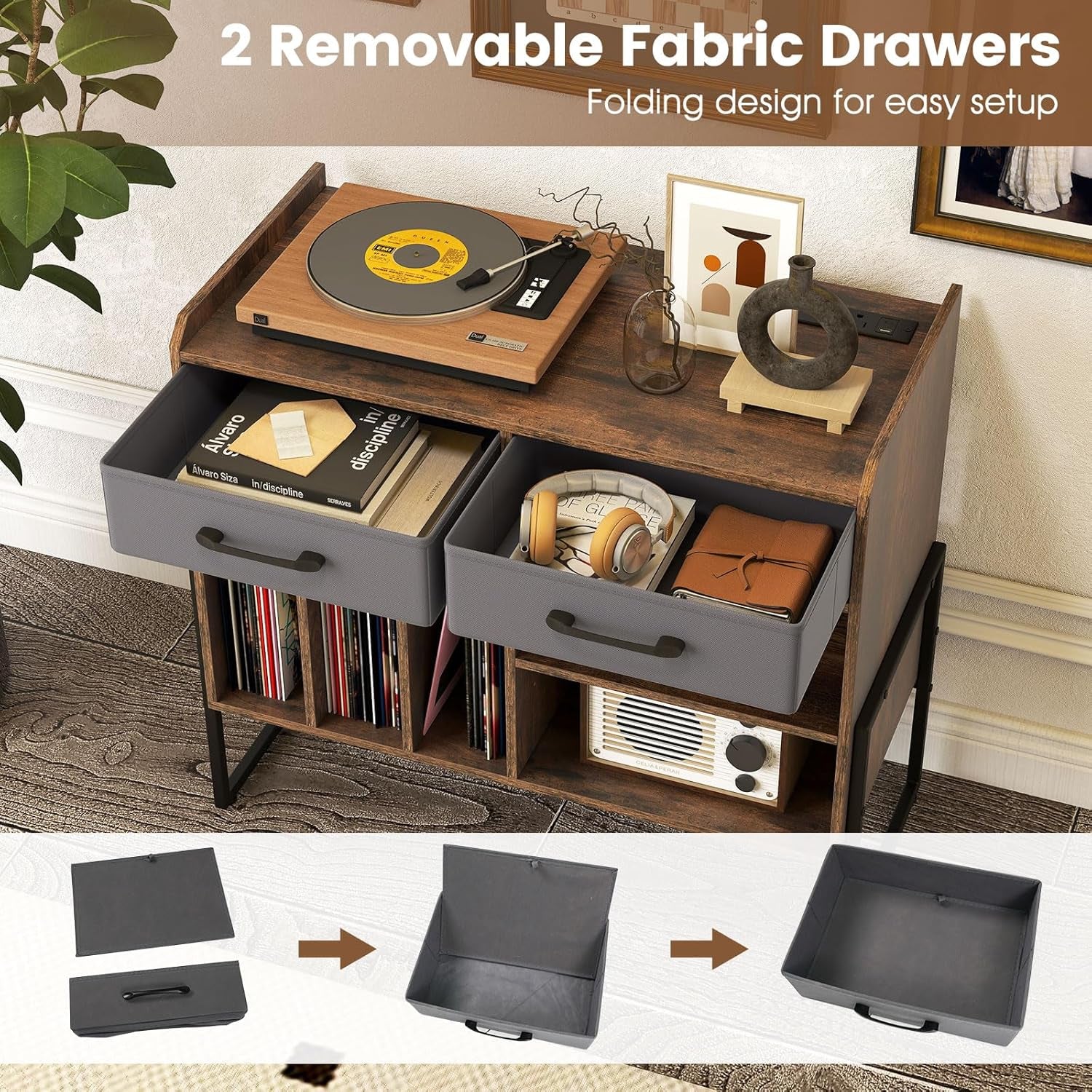 Large Record Player Stand with Charging Station, Modern Turntable Stand W/2 Fabric Drawers & Adjustable Shelf, Record Player Table, Vinyl Record Storage for Living Room (Rustic Brown)