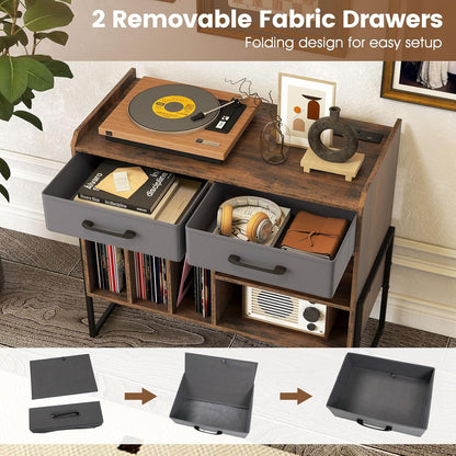 Large Record Player Stand with Charging Station, Modern Turntable Stand W/2 Fabric Drawers & Adjustable Shelf, Record Player Table, Vinyl Record Storage for Living Room (Rustic Brown)