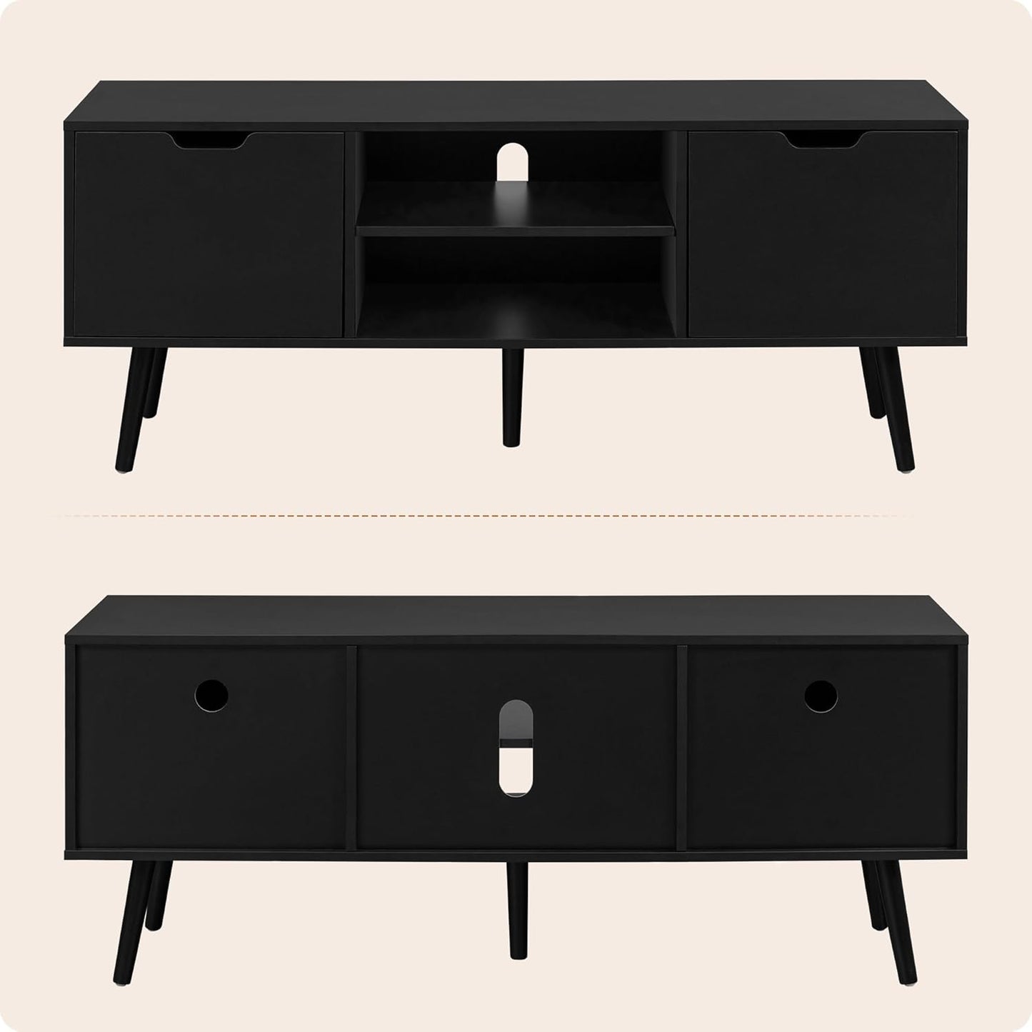 Black TV Stand for 50 55 60+ Inch Tvs - Media Console with 2 Cabinets & Open Shelves, Solid Wood Legs - TV Consoles for Living Room - 22" H Entertainment Center for Bedroom