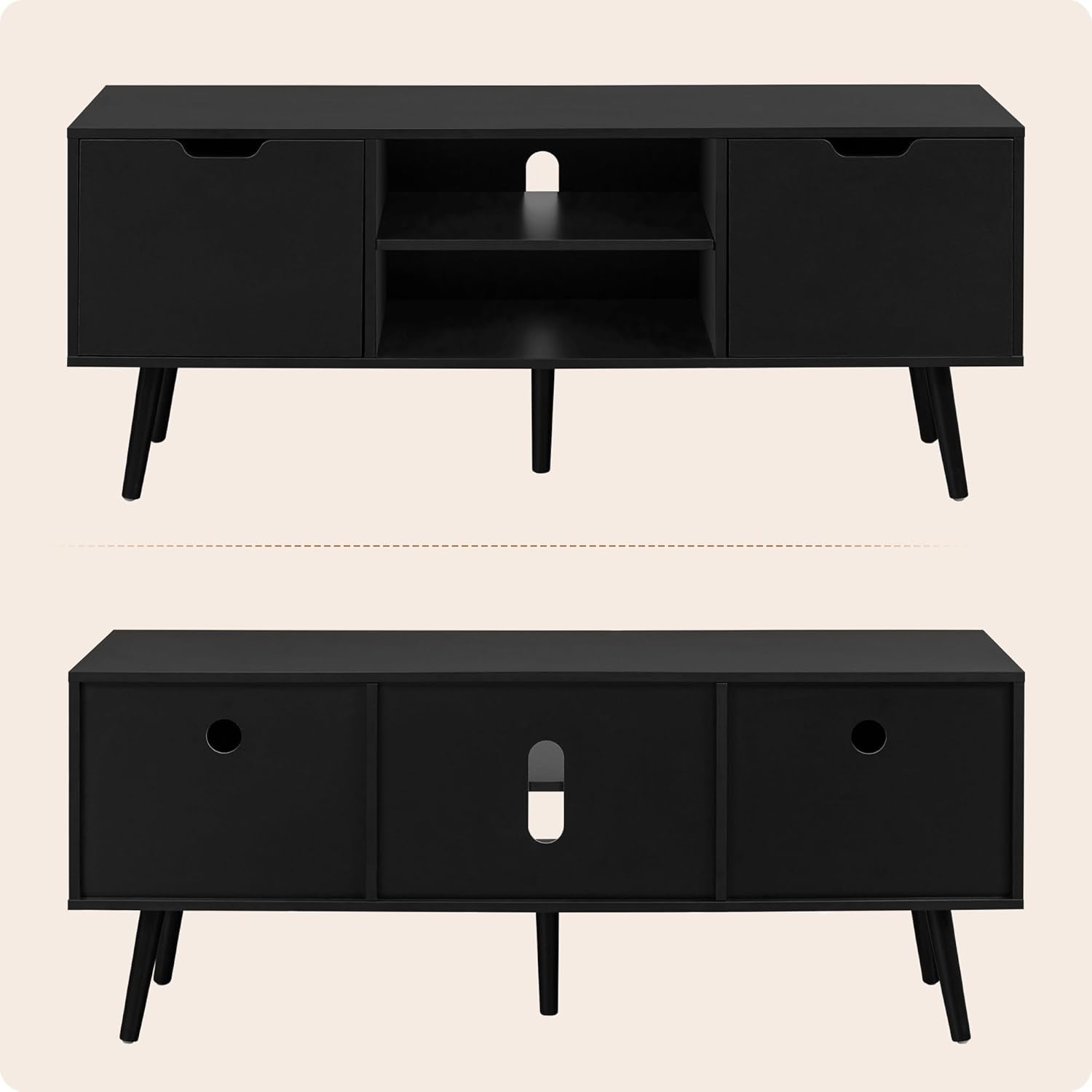 Black TV Stand for 50 55 60+ Inch Tvs - Media Console with 2 Cabinets & Open Shelves, Solid Wood Legs - TV Consoles for Living Room - 22" H Entertainment Center for Bedroom