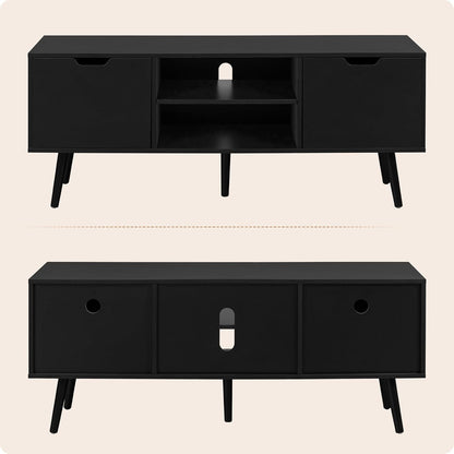Black TV Stand for 50 55 60+ Inch Tvs - Media Console with 2 Cabinets & Open Shelves, Solid Wood Legs - TV Consoles for Living Room - 22" H Entertainment Center for Bedroom