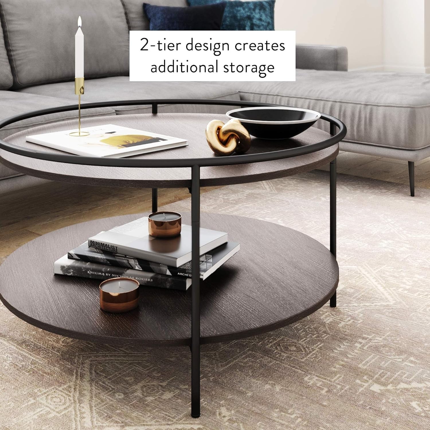 Paloma round Coffee Tea or Cocktail with Raised Tray Top Edge Tables, 2-Tier Minimalist Style Living Room, Dark Oak/Matte Black
