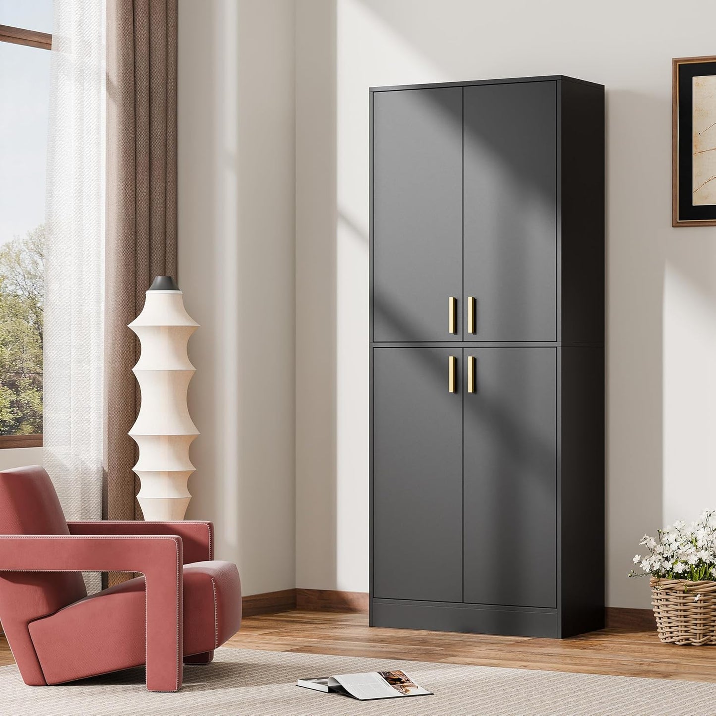 Kitchen Pantry Cabinet, 71" Tall Wood Storage Cabinet with Doors and Shelves 4 Doors Freestanding Cupboard for Dining Room Living Room Bathroom Furniture, Black | Wood Storage Cabinet, 4 Doors, Utility Hutch, for Dining Room