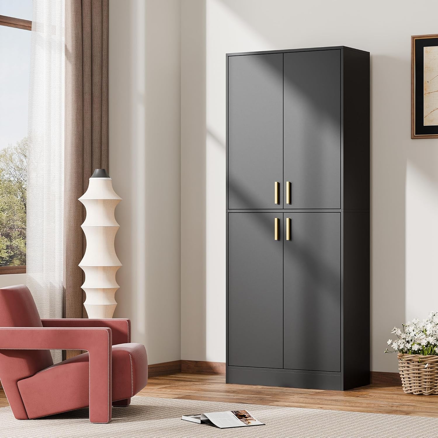 Kitchen Pantry Cabinet, 71" Tall Wood Storage Cabinet with Doors and Shelves 4 Doors Freestanding Cupboard for Dining Room Living Room Bathroom Furniture, Black | Wood Storage Cabinet, 4 Doors, Utility Hutch, for Dining Room