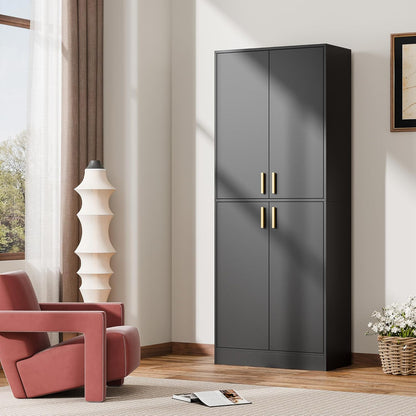 Kitchen Pantry Cabinet, 71" Tall Wood Storage Cabinet with Doors and Shelves 4 Doors Freestanding Cupboard for Dining Room Living Room Bathroom Furniture, Black | Wood Storage Cabinet, 4 Doors, Utility Hutch, for Dining Room