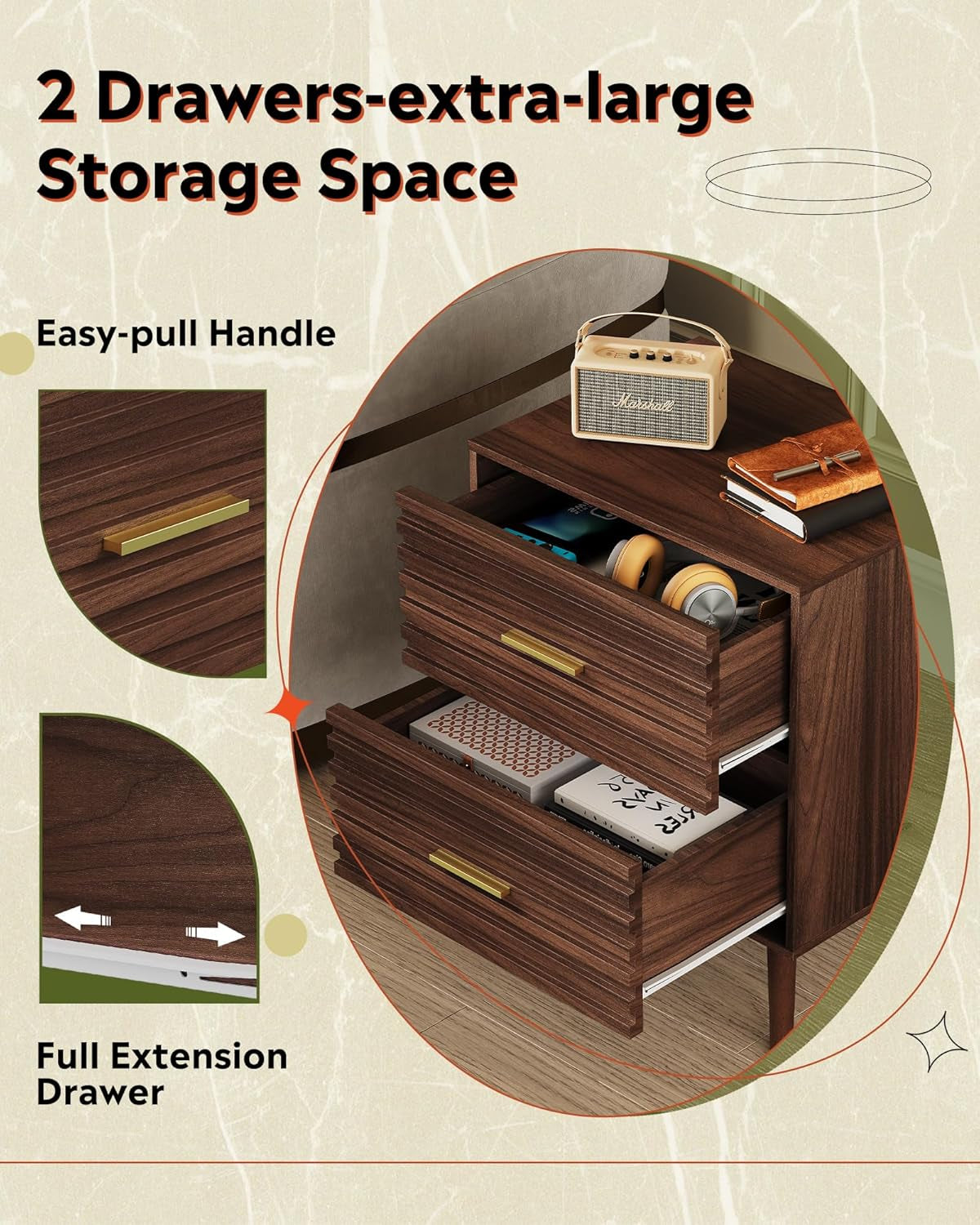 Wood Night Stand Set of 2 with 2 Drawers, Mid Century Modern Nightstand Sets, Fluted Bed Side Tables for Bedroom, Dorm, Living Room End Table