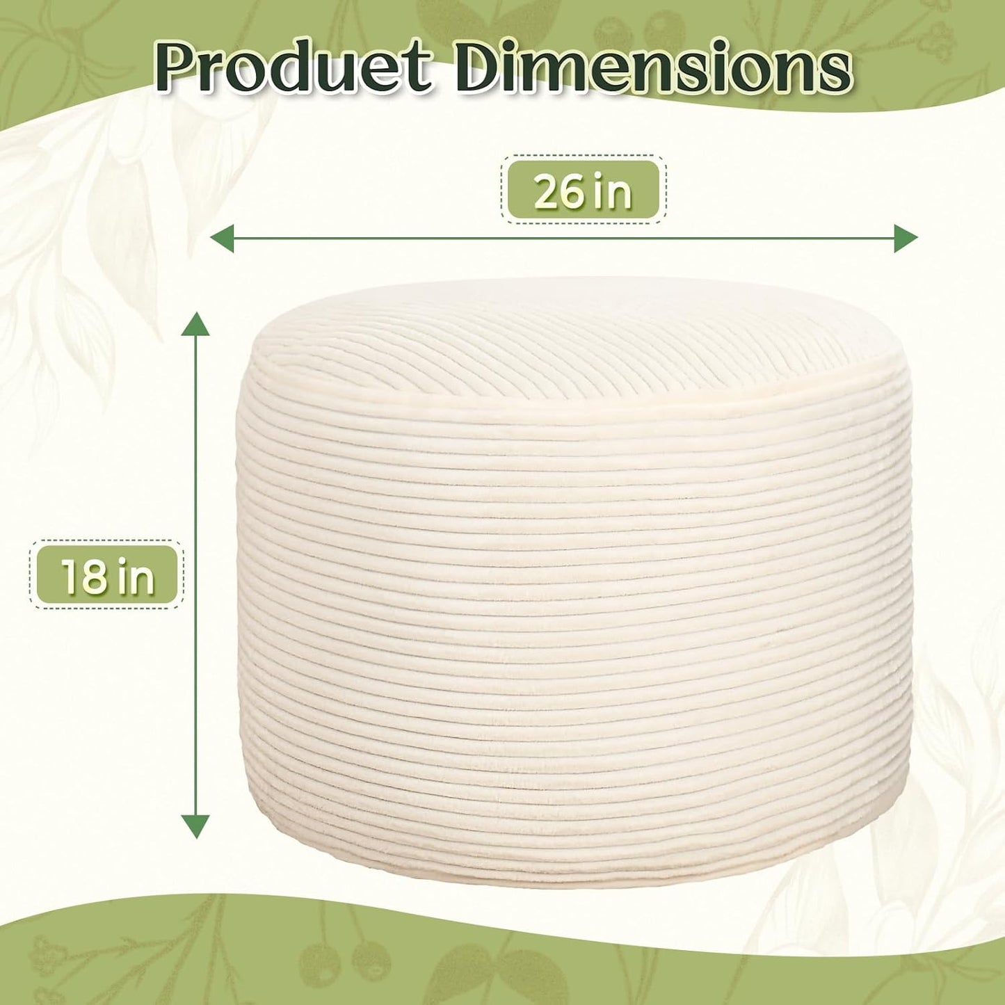 Round Corduroy Ottoman Foot Rest Pouf for Living Room Couch - Soft Plush Shredded Foam Filled Hassock Stool, Comfy Footstool