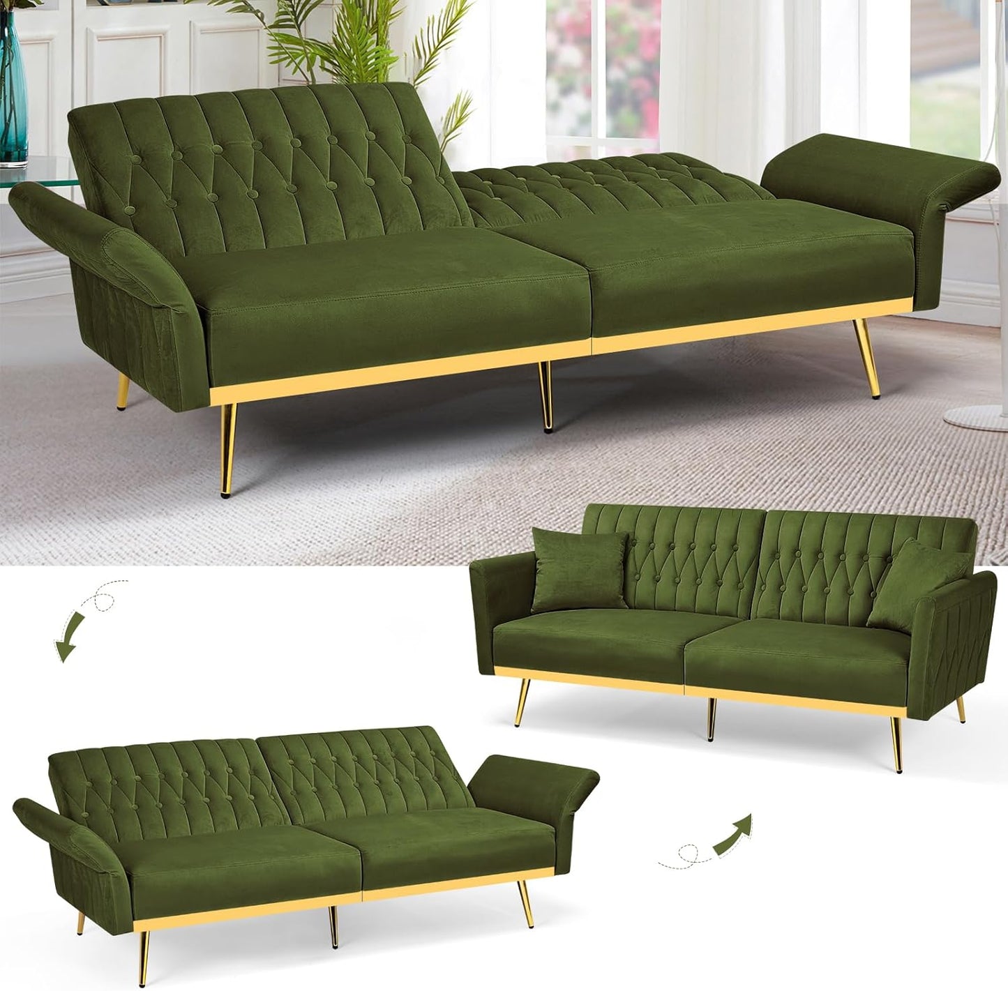 70” Velvet Futon Sofa Bed W/Adjustable Armrests & 2 Pillows, Convertible Futon Couch W/Adjustable Backrests, Modern Sleeper Bed for Living Room, Bedroom, Olive Green