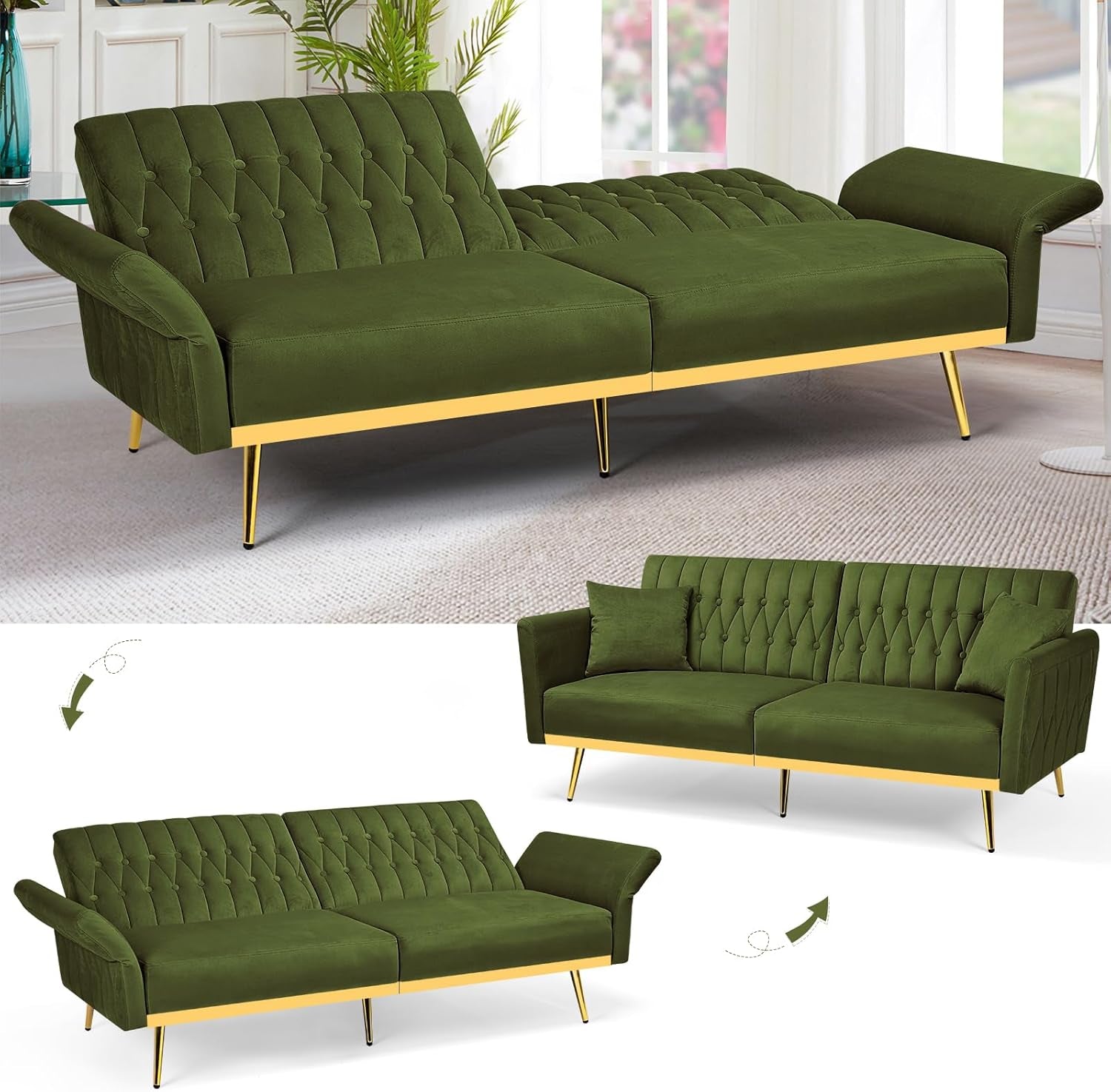 70” Velvet Futon Sofa Bed W/Adjustable Armrests & 2 Pillows, Convertible Futon Couch W/Adjustable Backrests, Modern Sleeper Bed for Living Room, Bedroom, Olive Green
