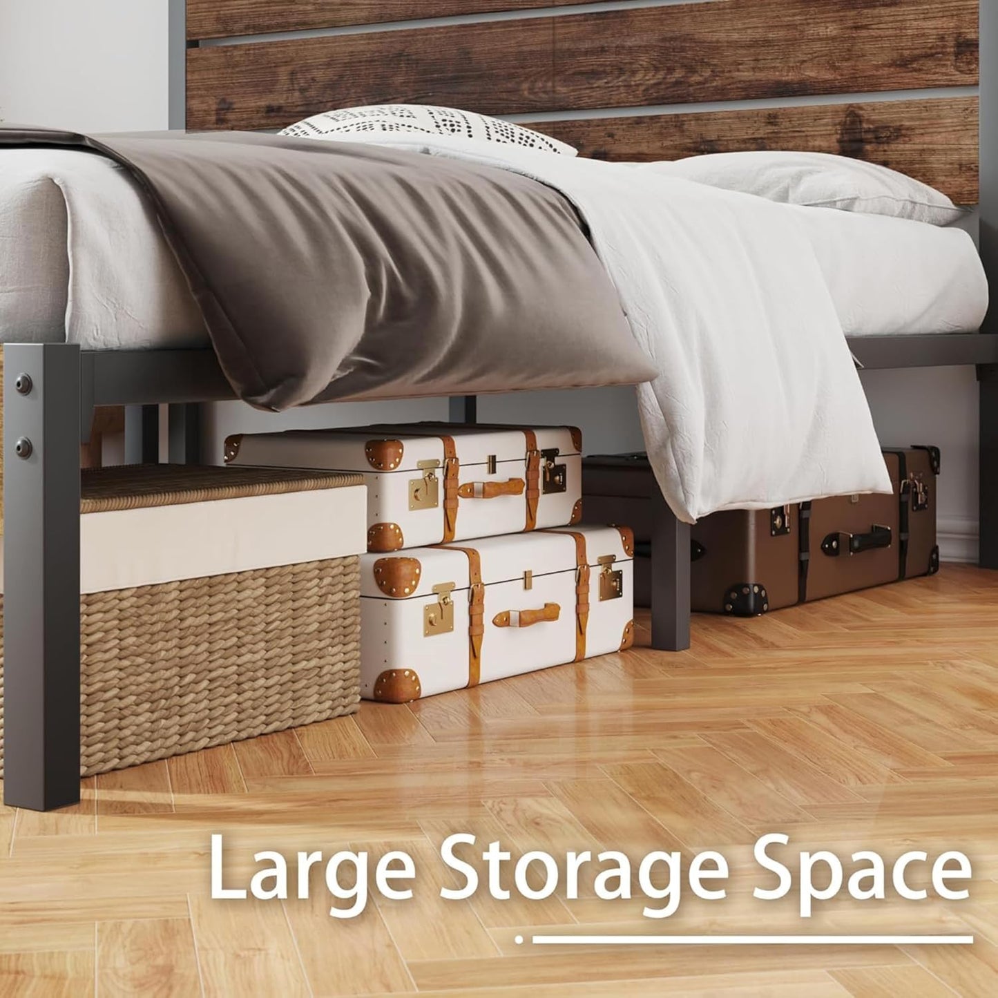 Queen Bed Frame with Headboard and Footboard, with under Bed Storage, All-Metal Support System, No Box Spring Needed, Easy Assembly,Rustic Brown