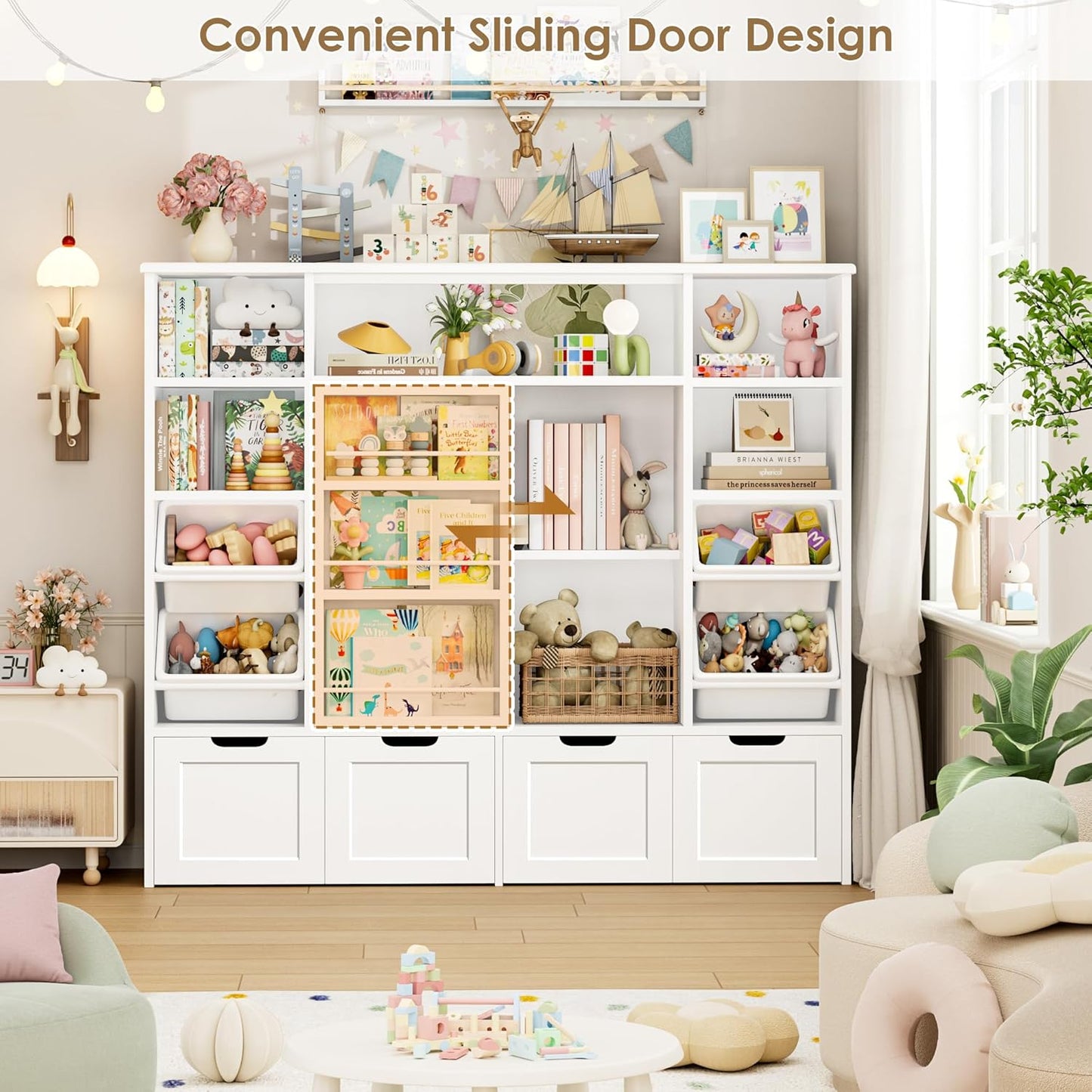 55.1’’ W Toy Storage with Sliding Bookshelf, Large Toy Organizer Kids Bookshelf with 4 Movable Drawers and 4 Storage Bins, Toy Bins for Kids Organizer Playroom Storage for Kid Room, White