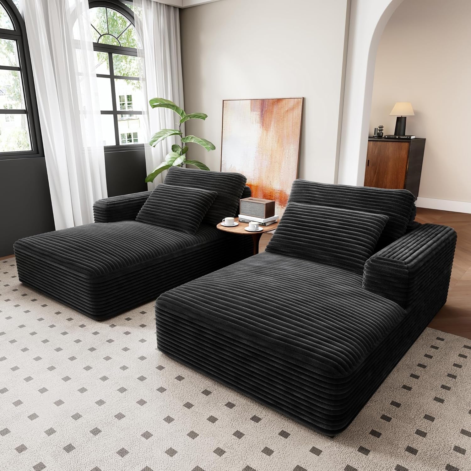 93" Double Chaise Lounge Sofa Bed - Plush Corduroy, No Assembly, Deep Seat Cloud Couch for Living Room, Home Theater (Black)