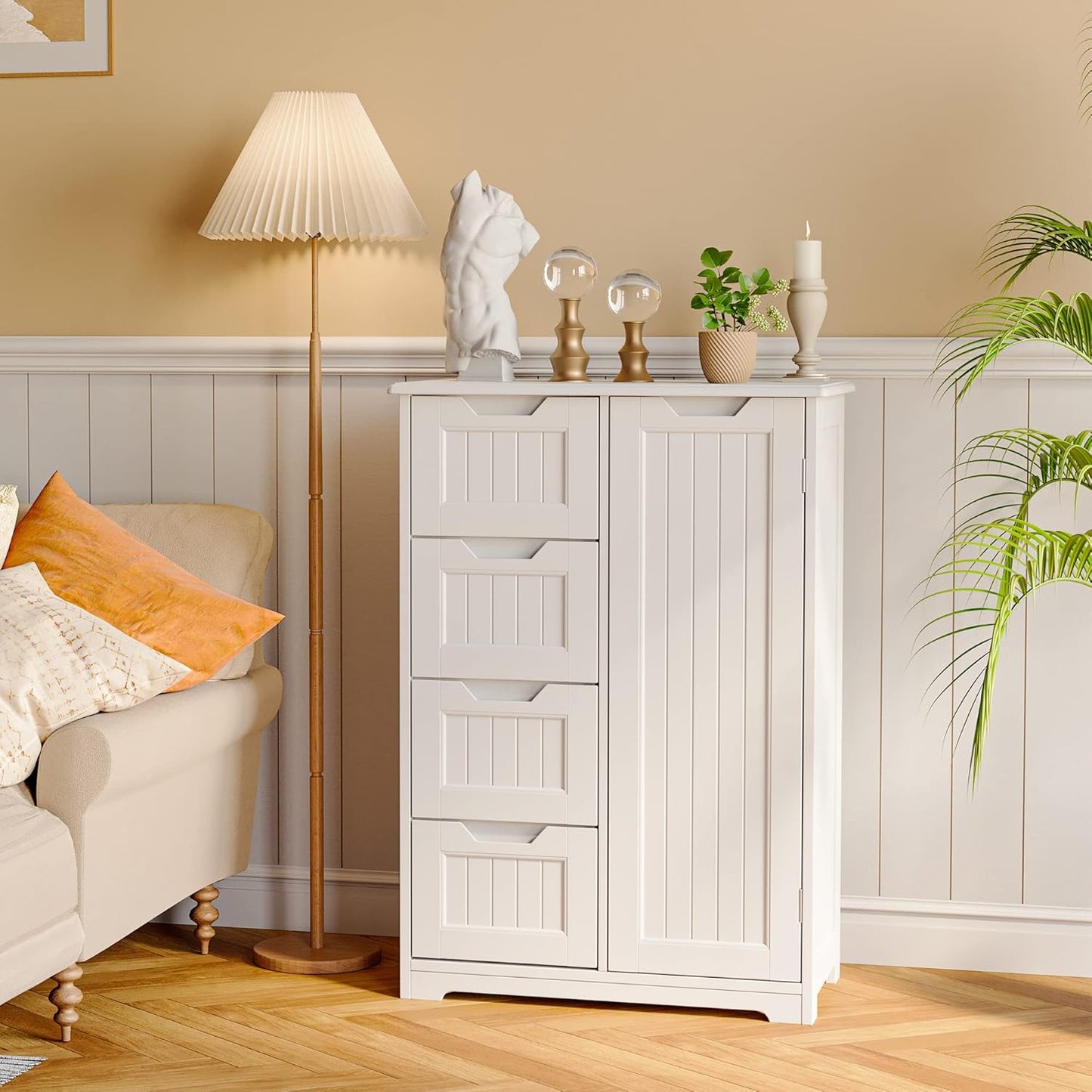 Small Pantry with Door and Shelves, 33'' Kitchen Pantry Storage Cabinet Freestanding Wooden Bathroom Storage Cabinet with 4 Drawers for Kitchen and Dining Room, White