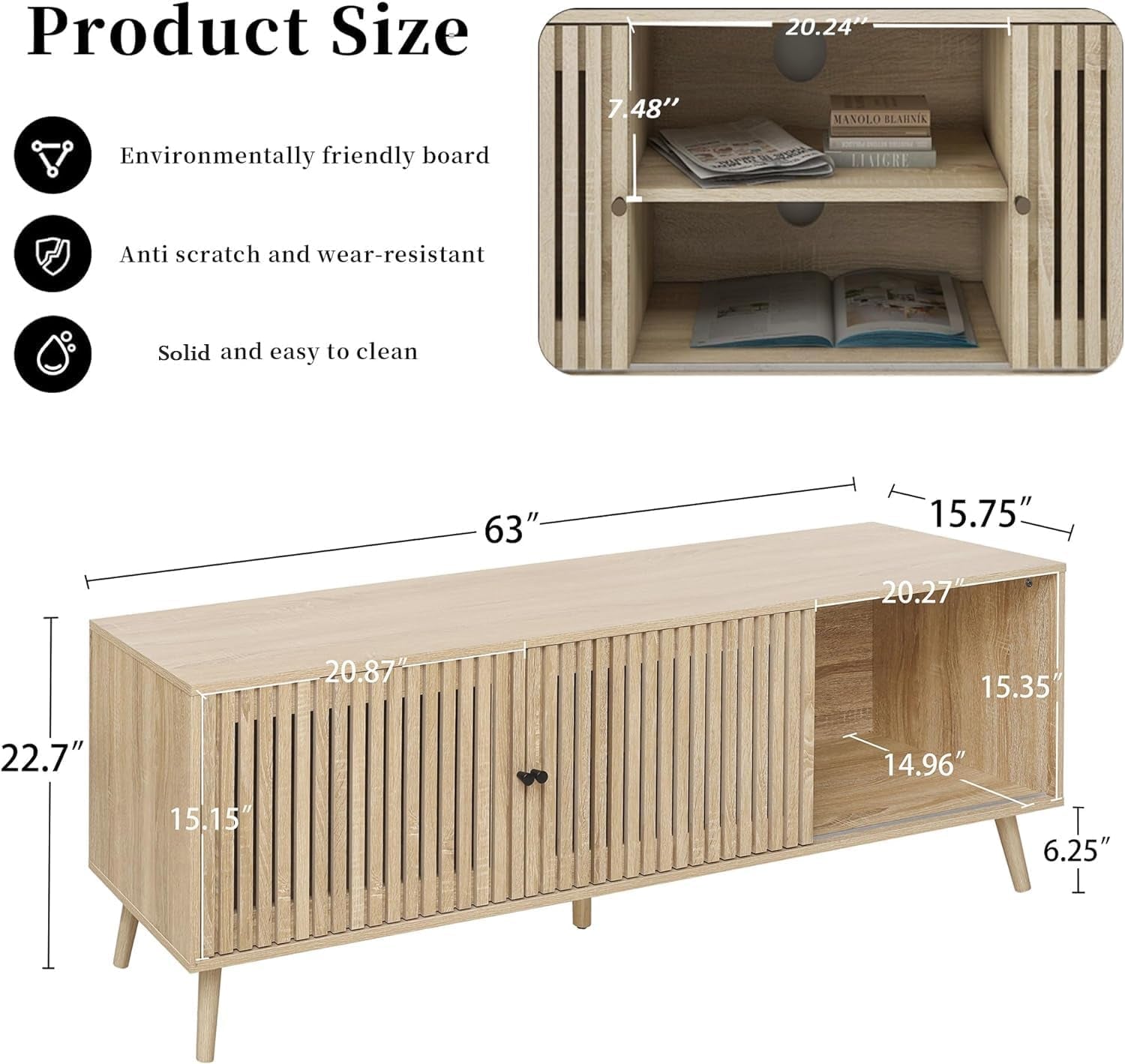 Mid Century Modern TV Stand for Tvs up to 70 In, with Sliding Doors and Open Shelf, Entertainment Center with Storage, Media Console for Living Room, Natural