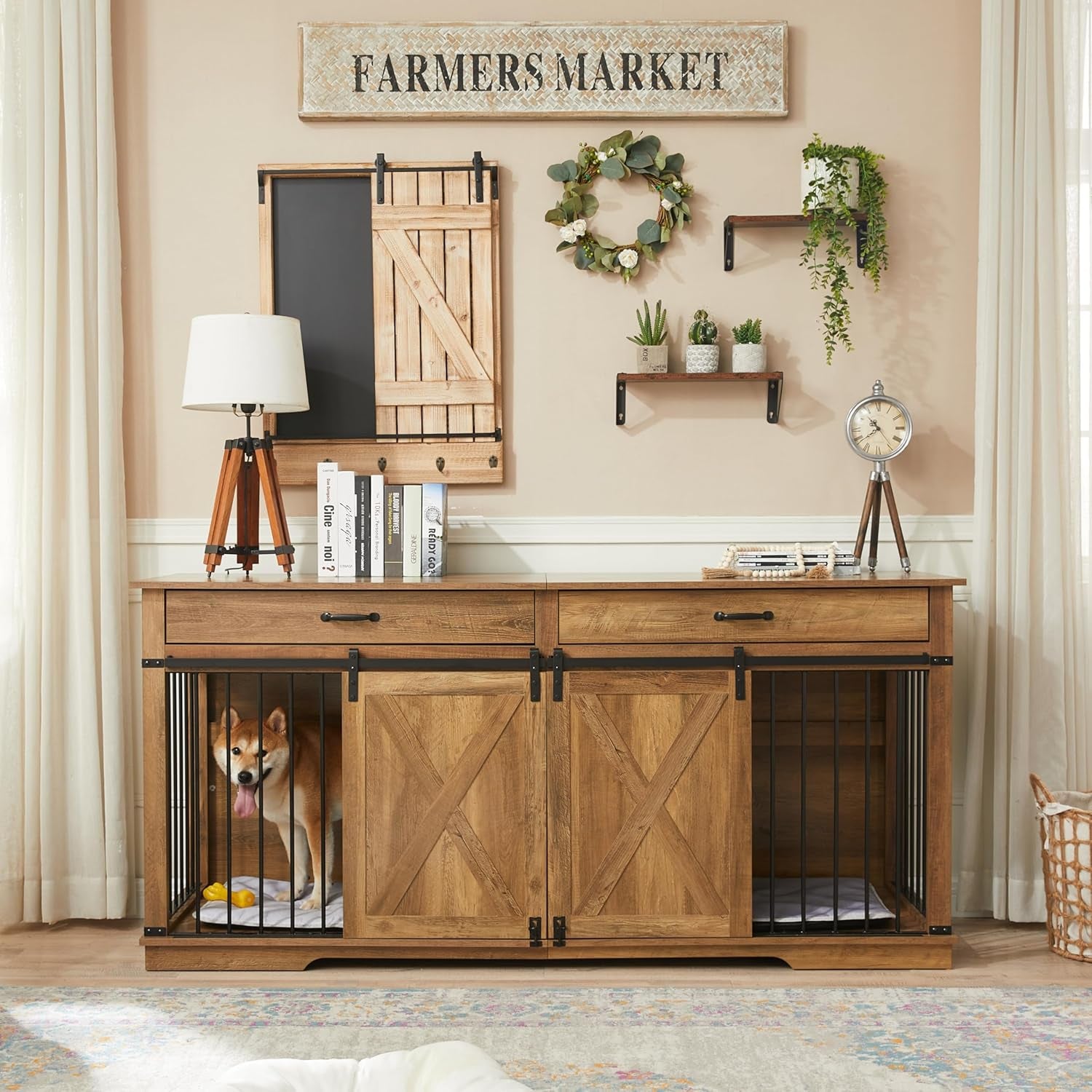 Extra Large Furniture Style Double Dog Crates, 72.5" Farmhouse Wooden Dog Kennel Furniture with Drawers, Divider, Water Resistant & Barn Door for 2 Dogs, Rustic Oak