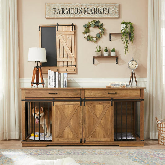 Extra Large Furniture Style Double Dog Crates, 72.5" Farmhouse Wooden Dog Kennel Furniture with Drawers, Divider, Water Resistant & Barn Door for 2 Dogs, Rustic Oak