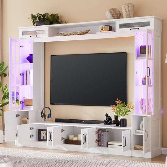 98" Wide Wall Unit TV Stand with Storage for Tvs up to 80", Large Modern TV Console Table with LED Lights, Entertainment Center with Bookshelves for Living Room, White