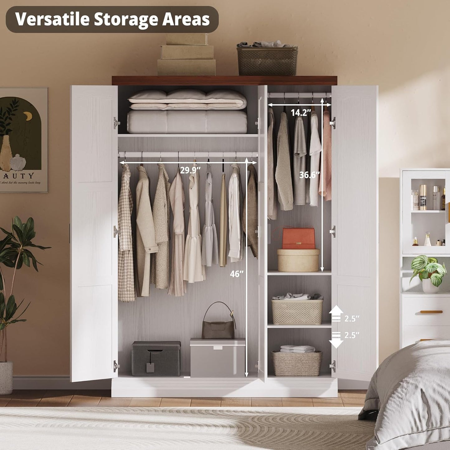 3 Door Armoire Wardrobe Closet with Mirror, Large Wardrobe Closet with Doors, White Armoire for Bedroom with Hanging Rods & Shelves for Long Clothing, Short Clothing and Stacking, Modern