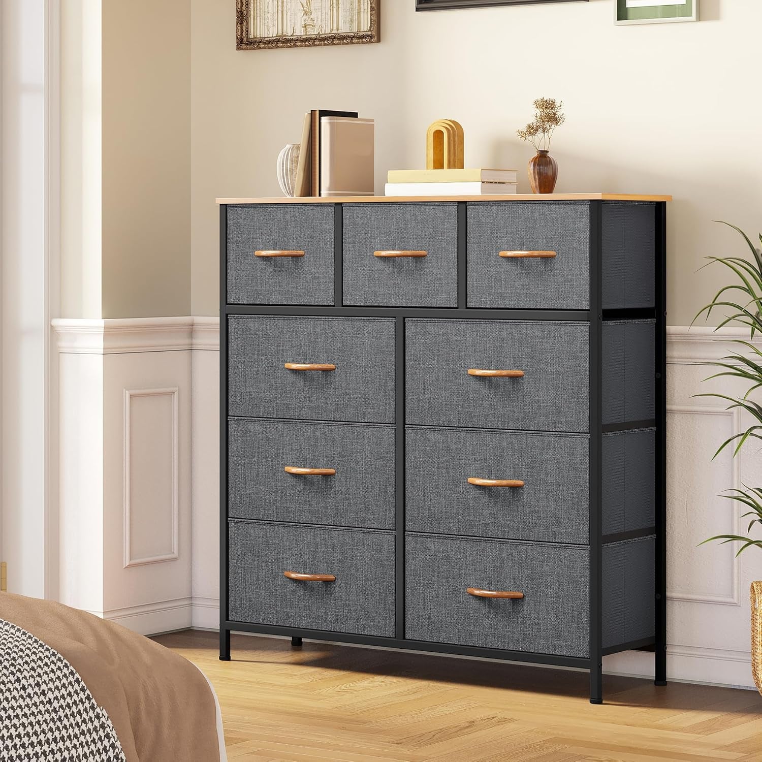 Dresser for Bedroom with 9 Drawers, Fabric Storage Dresser, Closet & Chest of Drawers for Living Room, Closets - Sturdy Steel Frame, Wooden Top & Easy Pull Fabric Bins(Dark Grey)