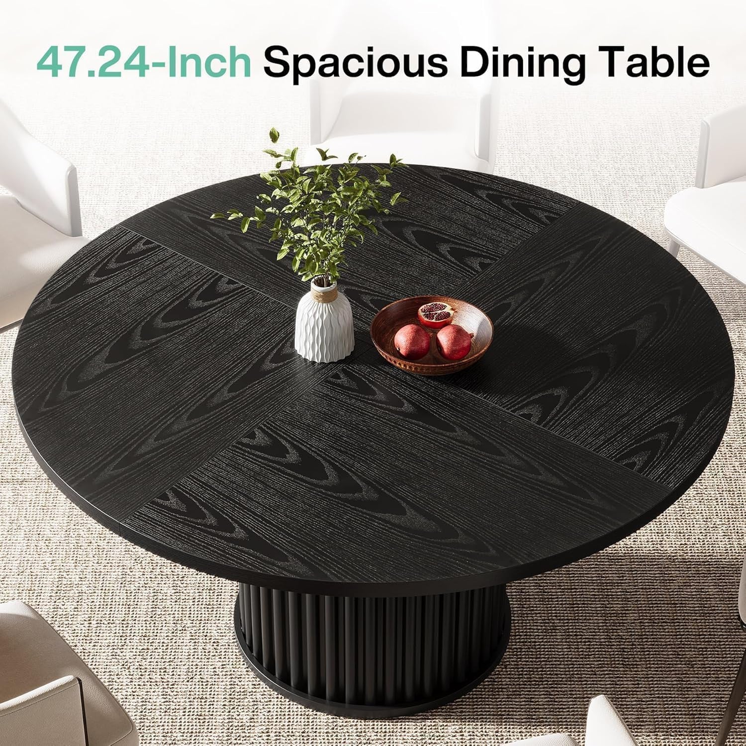 Black round Dining Table for 4-6 People, 47.24-Inch Circle Kitchen Table with Sturdy Fluted MDF + Metal Base, Modern Home Dining Room Furniture, Black