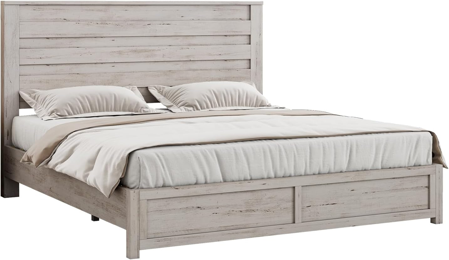 Farmhouse Queen Bed Frame with 49" Tall Headboard, Wooden Platform Bed with Hidden Metal Bed Frame, No Box Spring Needed/Noise Free, Distressed White
